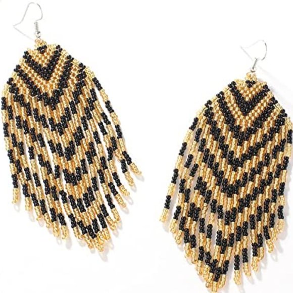 Long 5" Black and Gold Chevron Striped Earrings Seed Beaded Oversized Bohemian - Picture 1 of 5